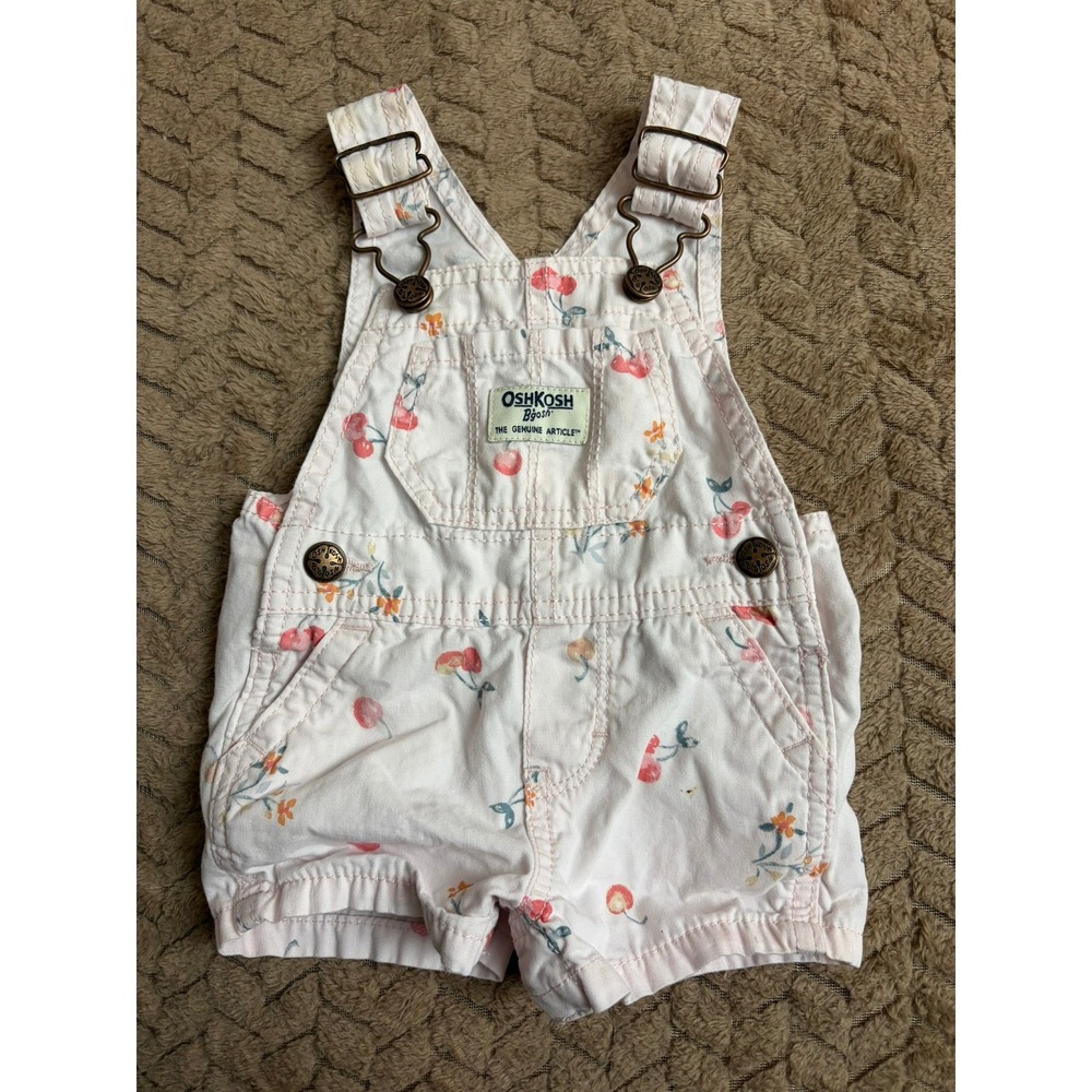 OshKosh B'gosh Cherry Floral Shortalls 3M Pink Cotton Summer Overalls
